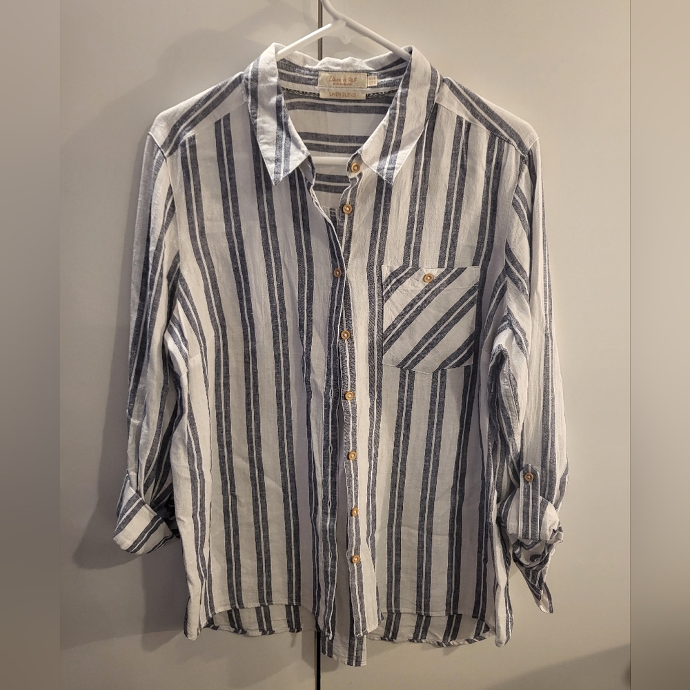 Linen by F & F Size 12 Womans Blue/White Button Down